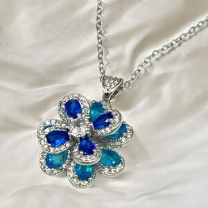 Blue CZ Silver Flower Pendant Necklace